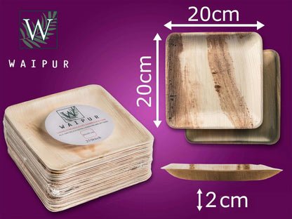 Waipur Piatti in Foglia di Palma Ecologici - 25 Pz Quadrati 20x20 cm - Stoviglie usa e getta Compostabili Eleganti - Leggeri e Resistenti - Simile al Bamboo e al Legno - Ideale per Feste