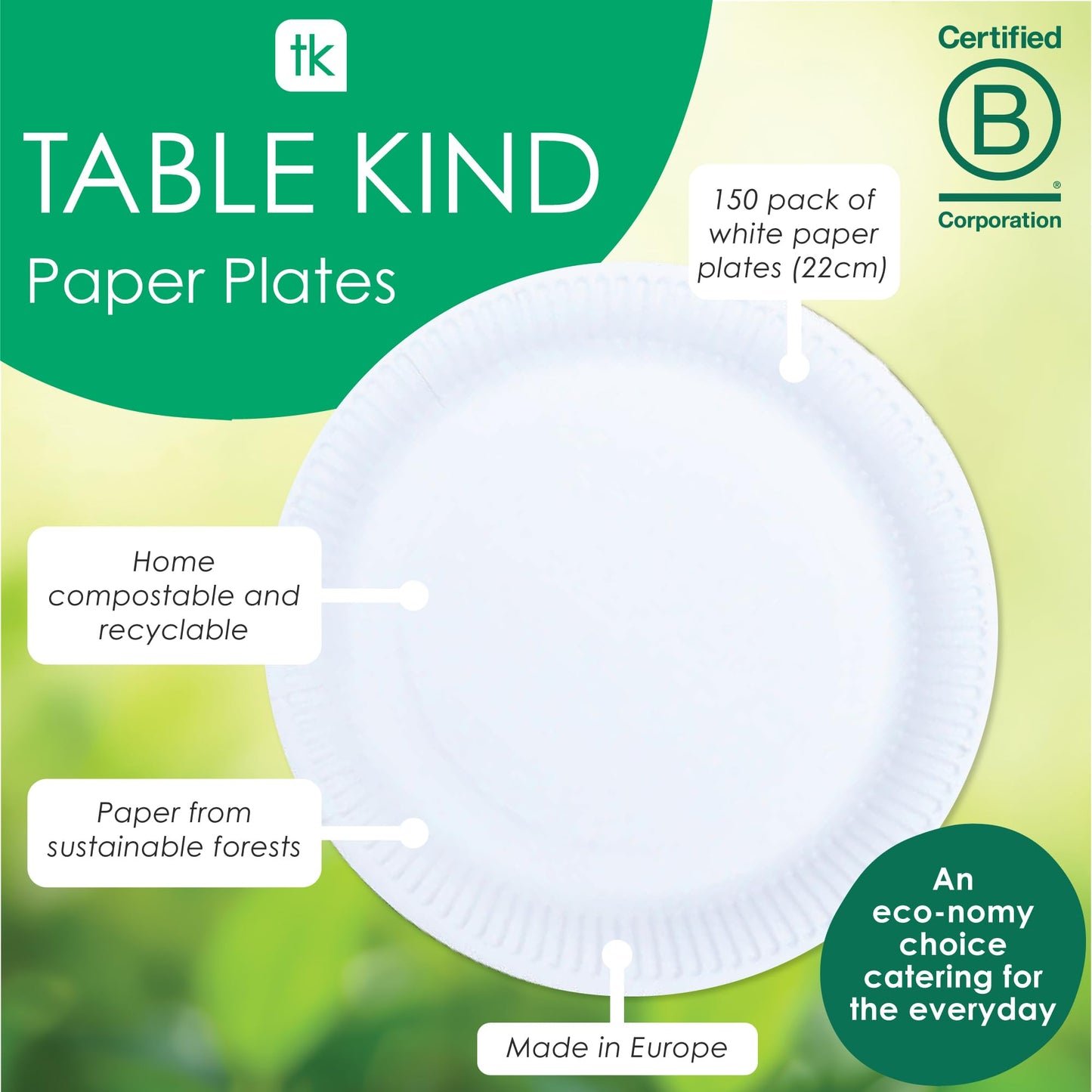 TABLE KIND | x150 | 22 cm | Piatti di carta ecologici per compleanno, stoviglie ecologiche, riciclabili, usa e getta, forniture per feste biodegradabili, compostabili in casa, | Prodotto nell'UE