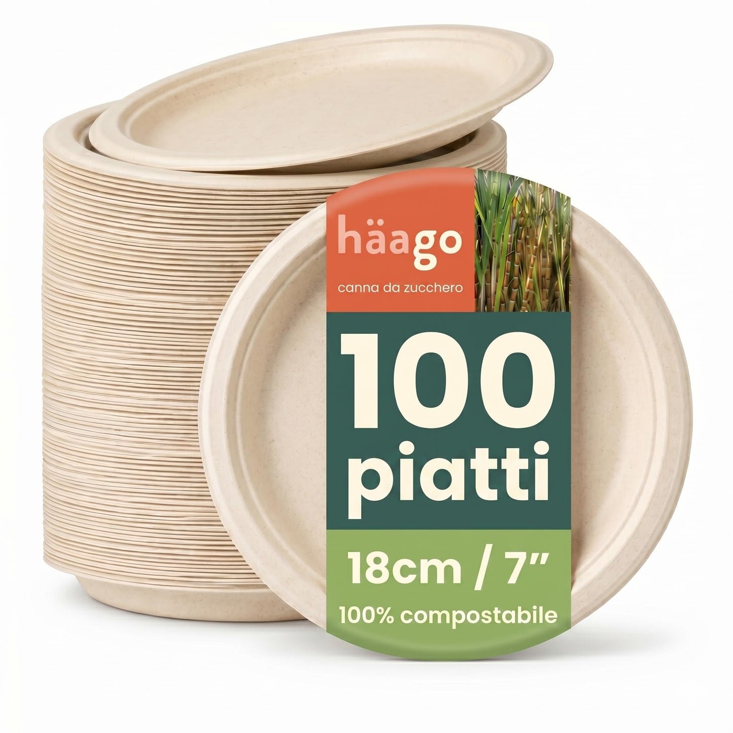 HAAGO 100 Piatti Dessert Compostabili Resistenti in Canna da Zucchero 18cm / 7" – Piattini Dessert di Carta Robusti, Antigrasso & Anti-Perdita – Biodegradabili & Monouso per Cibi Caldi/Freddi, Feste