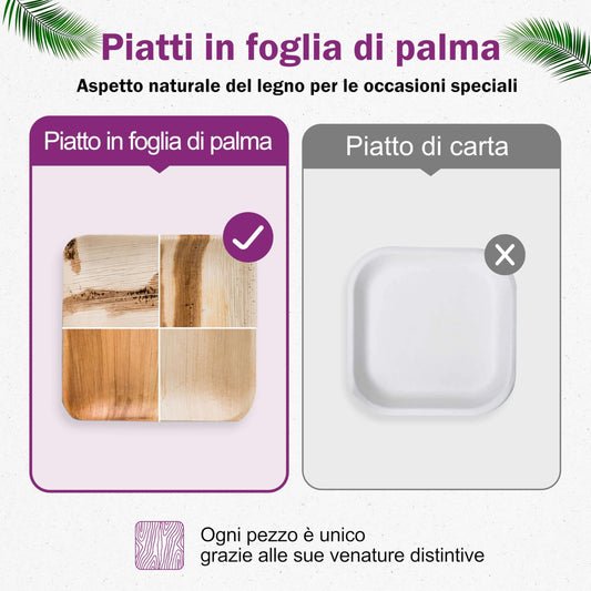 Waipur Piatti in Foglia di Palma Ecologici - 25 Pz Quadrati 20x20 cm - Stoviglie usa e getta Compostabili Eleganti - Leggeri e Resistenti - Simile al Bamboo e al Legno - Ideale per Feste