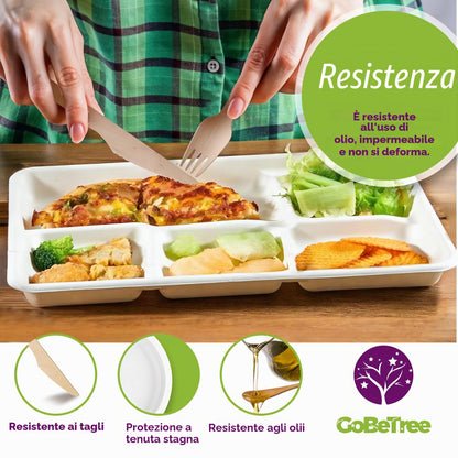 GoBeTree 100 Piatti monouso da 26 cm con 5 scomparti. Piatti in canna da zucchero, stoviglie monouso extraforti di colore bianco. Piatti rettangolare.