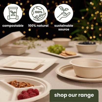 HAAGO 100 Piatti Dessert Compostabili Resistenti in Canna da Zucchero 18cm / 7" – Piattini Dessert di Carta Robusti, Antigrasso & Anti-Perdita – Biodegradabili & Monouso per Cibi Caldi/Freddi, Feste