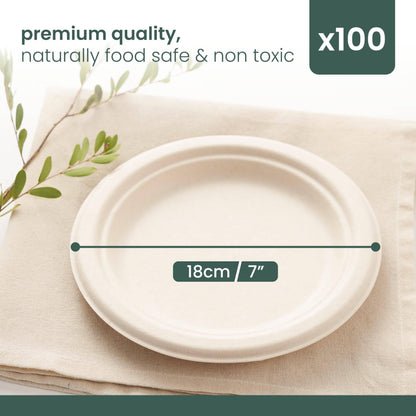 HAAGO 100 Piatti Dessert Compostabili Resistenti in Canna da Zucchero 18cm / 7" – Piattini Dessert di Carta Robusti, Antigrasso & Anti-Perdita – Biodegradabili & Monouso per Cibi Caldi/Freddi, Feste