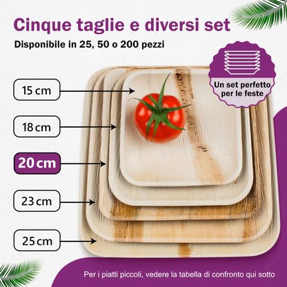 Waipur Piatti in Foglia di Palma Ecologici - 25 Pz Quadrati 20x20 cm - Stoviglie usa e getta Compostabili Eleganti - Leggeri e Resistenti - Simile al Bamboo e al Legno - Ideale per Feste